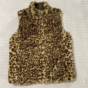 Vintage Guess Women's Small Faux Leopard Fur Animal Print Green Reversible Vest